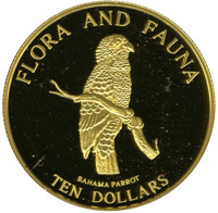 reverse of 10 Dollars - Bahama Parrot (1995) coin with KM# 168 from Bahamas. Inscription: FLORA AND FAUNA BAHAMA PARROT TEN DOLLARS