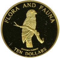 Bahamas coin 10 Dollars - Bahama Parrot (1995) reverse reverse of 10 Dollars - Bahama Parrot (1995) coin with KM# 168 from Bahamas. Inscription: FLORA AND FAUNA BAHAMA PARROT TEN DOLLARS