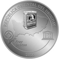 obverse of 1000 Pesos Uruguayos - Fray Bentos, UNESCO World Heritage landscape (2016) coin with KM# 143 from Uruguay. Inscription: REPÚBLICA ORIENTAL DEL URUGUAY Fray Bentos 2016