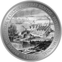 reverse of 1000 Pesos Uruguayos - Fray Bentos, UNESCO World Heritage landscape (2016) coin with KM# 143 from Uruguay. Inscription: PAISAJE INDUSTRIAL Y CULTURAL - FRAY BENTOS - PATRIMONIO MUNDIAL $ 1.000