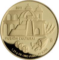 Mexico coin - Fusión Cultural: Architecture - Gold Bullion (2011) reverse reverse of - Fusión Cultural: Architecture - Gold Bullion (2011) coin with KM# 958 from Mexico. Inscription: 2011 FUSIÓN CULTURAL Mo 1.25 g DE ORO PURO LEY 0.750