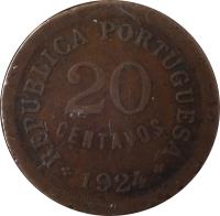 reverse of 20 Centavos (1924 - 1925) coin with KM# 574 from Portugal. Inscription: REPUBLICA PORTUGUESA 20 CENTAVOS 1924