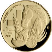 Mexico coin - Fusión Cultural: Mercancía - Gold Bullion (2011) reverse reverse of - Fusión Cultural: Mercancía - Gold Bullion (2011) coin with KM# 960 from Mexico. Inscription: FUSIÓN CULTURAL 1.25 g DE ORO PURO LEY 0.750 2011 Mo