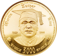 reverse of 3000 Francs CFA - 10th Anniversary Of Independence (1970) coin with KM# 2 from Central African Republic. Inscription: MARTIN LUTHER KING 1929 1968 FRANCS 3000 FRANCS