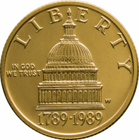 United States coin 5 Dollars - Congress Bicentennial (1989) obverse obverse of 5 Dollars - Congress Bicentennial (1989) coin with KM# 226 from United States. Inscription: LIBERTY IN GOD WE TRUST 1789-1989