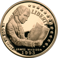 obverse of 5 Dollars - James Madison and the Bill of Rights (1993) coin with KM# 242 from United States. Inscription: LIBERTY IN GOD WE TRUST JAMES MADISON 1993