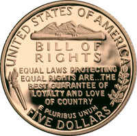 reverse of 5 Dollars - James Madison and the Bill of Rights (1993) coin with KM# 242 from United States. Inscription: UNITED STATES OF AMERICA BILL OF RIGHTS EQUAL LAWS PROTECTING EQUAL RIGHTS ARE...THE BEST GUARANTEE OF LOYALTY AND LOVE OF COUNTRY E PLUR