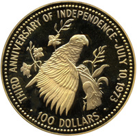 Bahamas coin 100 Dollars - Elizabeth II - Third anniversary of Independence (1976) reverse reverse of 100 Dollars - Elizabeth II - Third anniversary of Independence (1976) coin from Bahamas. Inscription: THIRD ANNIVERSARY OF INDEPENDENCE - JULY 10. 1973 · 100 DOLLARS ·