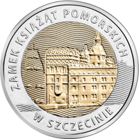 Poland coin 5 Złotych - Discover Poland – Pomeranian Dukes’ Castle in Szczecin (2016) reverse reverse of 5 Złotych - Discover Poland – Pomeranian Dukes’ Castle in Szczecin (2016) coin with Y# 950 from Poland. Inscription: ZAMEK KSIĄŻĄT POMORSKICH W SZCZECINIE