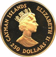 Cayman Islands coin 250 Dollars - Elizabeth II - Visit of Princess Alexandra to the Cayman Islands (1988) obverse obverse of 250 Dollars - Elizabeth II - Visit of Princess Alexandra to the Cayman Islands (1988) coin with KM# 99 from Cayman Islands. Inscription: CAYMAN ISLANDS ELIZABETH II ·250 DOLLARS·