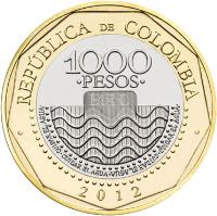 Colombia coin 1000 Pesos (2012 - 2015) reverse reverse of 1000 Pesos (2012 - 2015) coin with KM# 299 from Colombia. Inscription: REPUBLICA DE COLOMBIA 1000 PESOS 2012