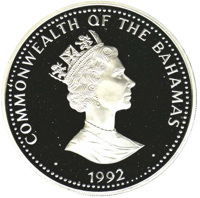 Bahamas coin 25 Dollars - Discovery of the New World (1992) obverse obverse of 25 Dollars - Discovery of the New World (1992) coin with KM# 191 from Bahamas. Inscription: · COMMONWEALTH OF THE BAHAMAS · RDM 1992