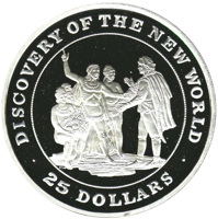 Bahamas coin 25 Dollars - Discovery of the New World (1992) reverse reverse of 25 Dollars - Discovery of the New World (1992) coin with KM# 191 from Bahamas. Inscription: DISCOVERY OF THE NEW WORLD ASH · 25 DOLLARS ·