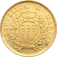 obverse of 1 Scudo - Coat of Arms (1975) coin with KM# 49 from San Marino. Inscription: RESPVBLICA S. MARINI