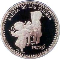 Peru coin 1 Nuevo Sol - Danza de las Tijeras (1997) obverse obverse of 1 Nuevo Sol - Danza de las Tijeras (1997) coin with KM# 349 from Peru. Inscription: DANZA DE LAS TIJERAS PERU