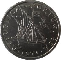 obverse of 10 Escudos (1971 - 1974) coin with KM# 600 from Portugal. Inscription: REPUBLICA PORTUGUESA + 1974 +