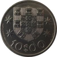 reverse of 10 Escudos (1971 - 1974) coin with KM# 600 from Portugal. Inscription: 10$00 MARTINS BARATA DEL. M. NORTE SCULP.