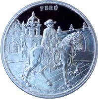 obverse of 1 Nuevo Sol - Chálán Rider (2000) coin with KM# 326 from Peru. Inscription: PERÚ CABALLO PERUANO DE PASO