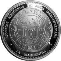 obverse of 1 Nuevo Sol - La Macuqina (2010) coin with KM# 359 from Peru. Inscription: MONEDAS HISTÓRICAS VIII SERIE IBEROAMERICANA M R E X O N I A R V M O E T I N D I A R V P PL VSVL TRA 8 LA MACUQUINA