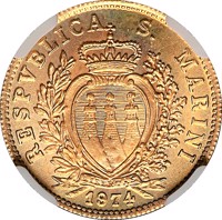 San Marino coin 2 Scudi - Resumption of Coinage (1974) reverse reverse of 2 Scudi - Resumption of Coinage (1974) coin with KM# 39 from San Marino. Inscription: RESPVBLICA S. MARINI 1974