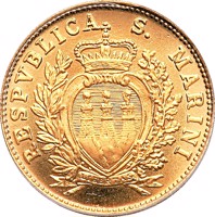 obverse of 2 Scudi - Coat of Arms (1975) coin with KM# 50 from San Marino. Inscription: RESPVBLICA S. MARINI LIBERTAS