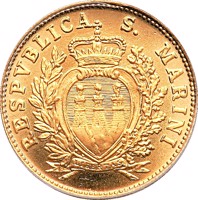 San Marino coin 2 Scudi - Coat of Arms (1975) obverse obverse of 2 Scudi - Coat of Arms (1975) coin with KM# 50 from San Marino. Inscription: RESPVBLICA S. MARINI LIBERTAS