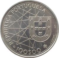 Portugal coin 100 Escudos - Discovery of Azores (1989) obverse obverse of 100 Escudos - Discovery of Azores (1989) coin with KM# 648 from Portugal. Inscription: REPUBLICA PORTUGUESA · 100$00