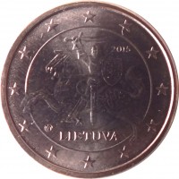 obverse of 1 Euro Cent (2015 - 2018) coin with KM# 205 from Lithuania. Inscription: 2015 Lietuva