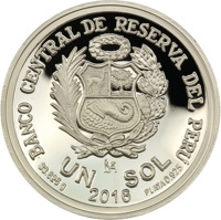 reverse of 1 Sol - 200th anniversary of the birth of Francisco Bolognesi (2016) coin with KM# 400 from Peru. Inscription: BANCO CENTRAL DE RESERVA DEL PÉRU UN SOL 33.625 g PLATA .925 2016