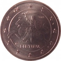 obverse of 2 Euro Cent (2015 - 2018) coin with KM# 206 from Lithuania. Inscription: 2015 LIETUVA