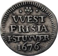 Dutch Republic coin 1 Stuiver (1676 - 1677) reverse reverse of 1 Stuiver (1676 - 1677) coin with KM# 71 from Dutch Republic. Inscription: WEST FRISIA I.STUYVER I676