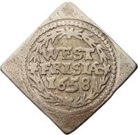 Dutch Republic coin 1 Duit (1626 - 1665) reverse reverse of 1 Duit (1626 - 1665) coin with KM# 40a from Dutch Republic. Inscription: WEST FRISIA 1658