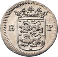 Dutch Republic coin 2 Stuivers (1676 - 1677) obverse obverse of 2 Stuivers (1676 - 1677) coin with KM# 72 from Dutch Republic. Inscription: Crowned weapon between a B and P
