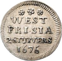 Dutch Republic coin 2 Stuivers (1676 - 1677) reverse reverse of 2 Stuivers (1676 - 1677) coin with KM# 72 from Dutch Republic. Inscription: WEST FRI · SIA 2 · STUYVERS 1676