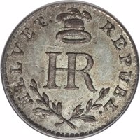 obverse of 1 Rappen (1800) coin with KM# PnA5 from Switzerland. Inscription: HELVET. REPUBL. HR