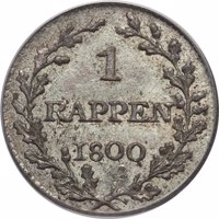 reverse of 1 Rappen (1800) coin with KM# PnA5 from Switzerland. Inscription: 1 RAPPEN 1800