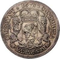 Dutch Republic coin 1 Ducaton (1673) obverse obverse of 1 Ducaton (1673) coin with KM# 63.1 from Dutch Republic. Inscription: CONCORDIA - RES PARVӔ - CRESCVNT * 1673