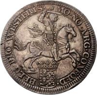 Dutch Republic coin 1 Ducaton (1673) reverse reverse of 1 Ducaton (1673) coin with KM# 63.1 from Dutch Republic. Inscription: MO · NO · ARG · CONFOED · - BELG · PRO · WESTFRIS ·
