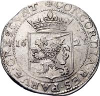 Dutch Republic coin 1 Rijksdaalder (1607 - 1629) obverse obverse of 1 Rijksdaalder (1607 - 1629) coin with KM# 15.1 from Dutch Republic. Inscription: CONCORDIA · RES · PARVÆ · CRESCUNT