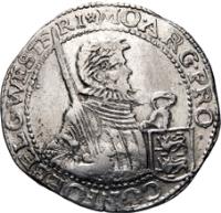 Dutch Republic coin 1 Rijksdaalder (1607 - 1629) reverse reverse of 1 Rijksdaalder (1607 - 1629) coin with KM# 15.1 from Dutch Republic. Inscription: MO · ARG PRO · CON FOE · BELG · WESTFRI