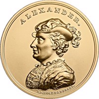 reverse of 500 Złotych - Aleksander Jagiellończyk (John Alexander Jagiellon) (2016) coin with Y# 970 from Poland. Inscription: ALEXANDER. I.P.HOLZHAEUSSER.