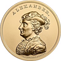Poland coin 500 Złotych - Aleksander Jagiellończyk (John Alexander Jagiellon) (2016) reverse reverse of 500 Złotych - Aleksander Jagiellończyk (John Alexander Jagiellon) (2016) coin with Y# 970 from Poland. Inscription: ALEXANDER. I.P.HOLZHAEUSSER.