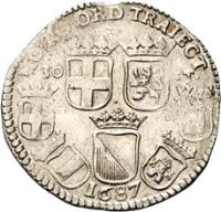 Dutch Republic coin 30 Stuiver (1685 - 1692) reverse reverse of 30 Stuiver (1685 - 1692) coin with KM# 73 from Dutch Republic. Inscription: MO NO ORD TRAIECT 1687