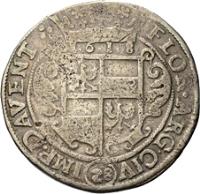 Dutch Republic coin 28 Stuivers - Mattias I (1617 - 1621) reverse reverse of 28 Stuivers - Mattias I (1617 - 1621) coin with KM# 25 from Dutch Republic. Inscription: '28' / FLOR ARG CIV - IMP DAVENT
