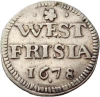 Dutch Republic coin 1 Stuiver - Wapenstuiver (1677 - 1678) reverse reverse of 1 Stuiver - Wapenstuiver (1677 - 1678) coin with KM# 74 from Dutch Republic. Inscription: WEST / FRISIA / 1678