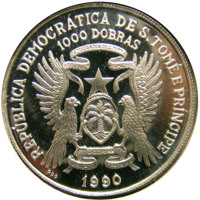 obverse of 1000 Dobras - Vasco da Gama (1990) coin with KM# 50 from São Tomé and Príncipe. Inscription: REPÚBLICA DEMOCRÁTICA DE S. TOMÉ E PRÍNCIPE 1000 DOBRAS 1990