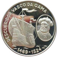 reverse of 1000 Dobras - Vasco da Gama (1990) coin with KM# 50 from São Tomé and Príncipe. Inscription: DESCOBRIDOR VASCO DA GAMA 1469-1524