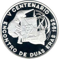 reverse of 1000 Dobras - Olympics and Discovery of America (1990) coin with KM# 53 from São Tomé and Príncipe. Inscription: V CENTENARIO ENCONTRO DE DUAS ERAS 1992