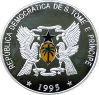 obverse of 1000 Dobras - Flora and Fauna - Black Kite (1995) coin with KM# 76 from São Tomé and Príncipe. Inscription: REPÚBLICA DEMOCRÁTICA DE S. TOMÉ E PRÍNCIPE * 1995 *