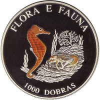 São Tomé and Príncipe coin 1000 Dobras - Flora and Fauna - Seahorse and crab (1995) reverse reverse of 1000 Dobras - Flora and Fauna - Seahorse and crab (1995) coin with KM# 78 from São Tomé and Príncipe. Inscription: FLORA E FAUNA 1000 DOBRAS